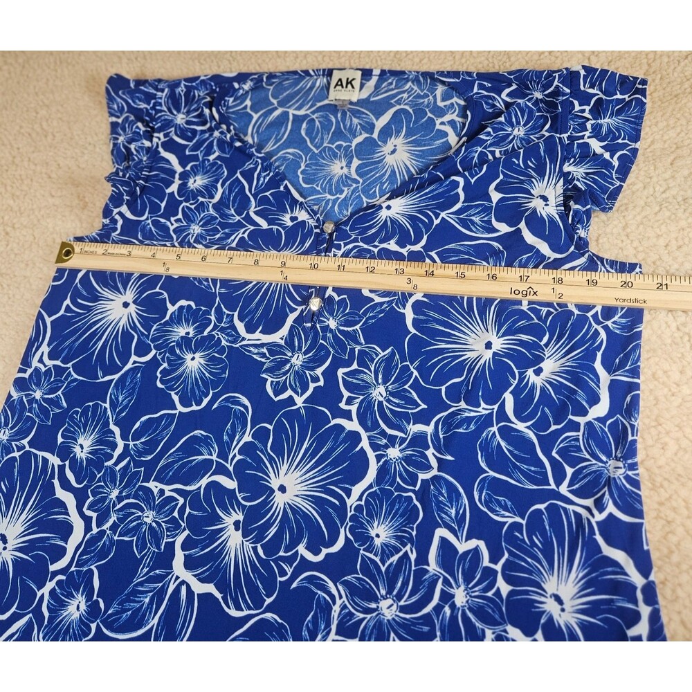 Anne Klein AK Womens Large Blue Floral Blouse Top Flutter Sleeve Tropical - Picture 7 of 10